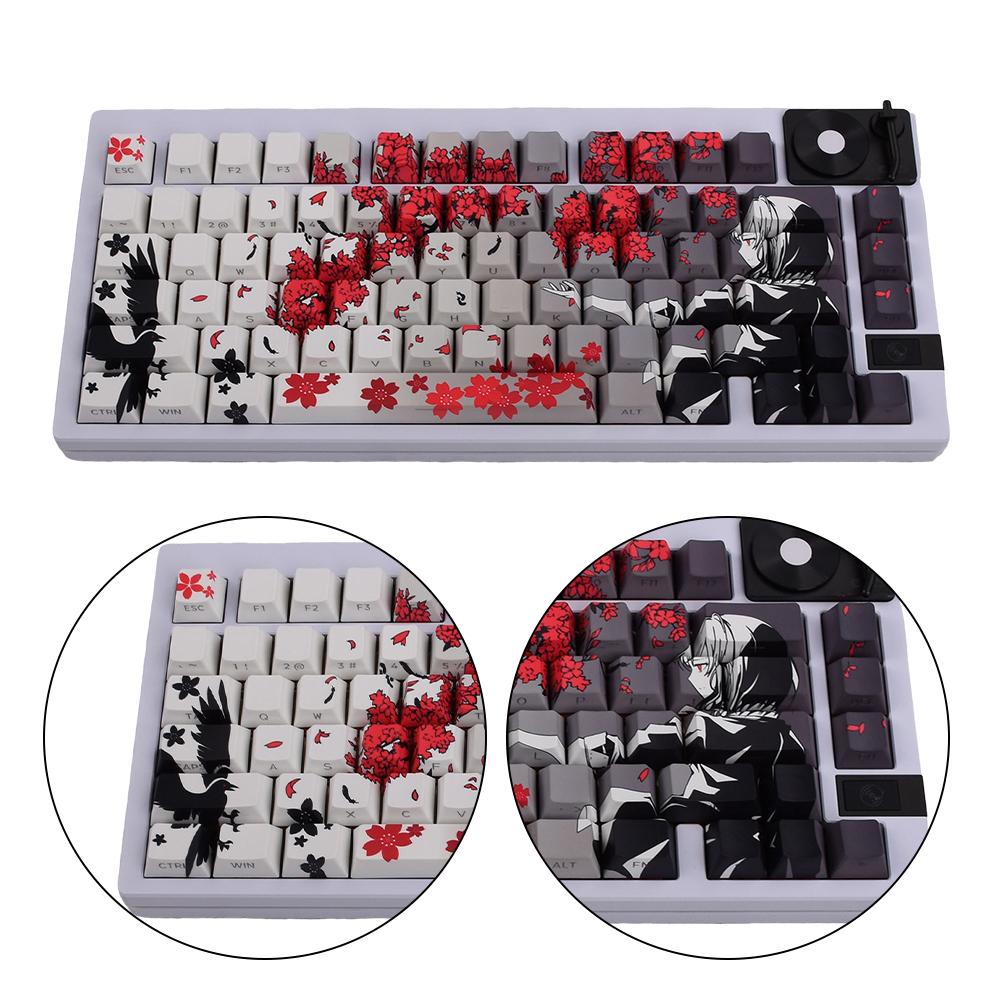 Набор кейкапов Raven Sakura на 129 клавиш, сублимированные кейкапы, PBT кейкапы, кейкапы с термосублимацией, аниме кейкапы для механической клавиатуры