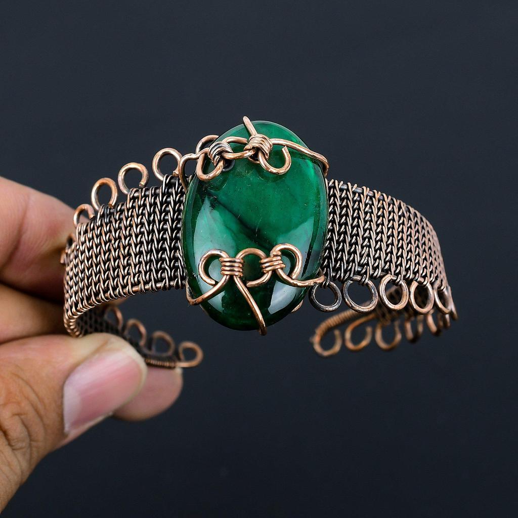 Зеленый флэш-лабрадорит, драгоценный камень, чистая медная проволока, завернутая в манжеты/браслет ручной работы, ювелирные изделия