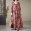 Autumn Literary Plus Size Loose Cotton Linen Printed Round Neck Long Sleeved Dress for Women