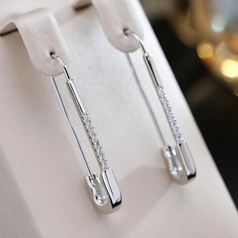Silver Color Micro Inlay Zircon Pin Piercing Dangle Earrings for Women Modern Style Personality Party Jewelry