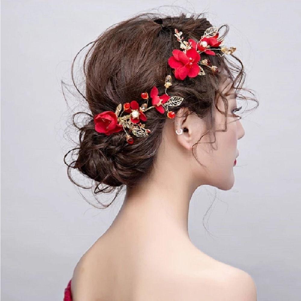 Bride Red Flower Pearl Chinese Hanfu Hair Clips Festival Hairpins Women Barrettes Duckbill Clips