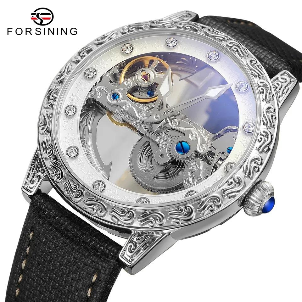 FORSINING брендовые автоматические серебряные светящиеся часы с автоподзаводом и скелетоном, роскошные мужские кожаные часы, стальные механические часы