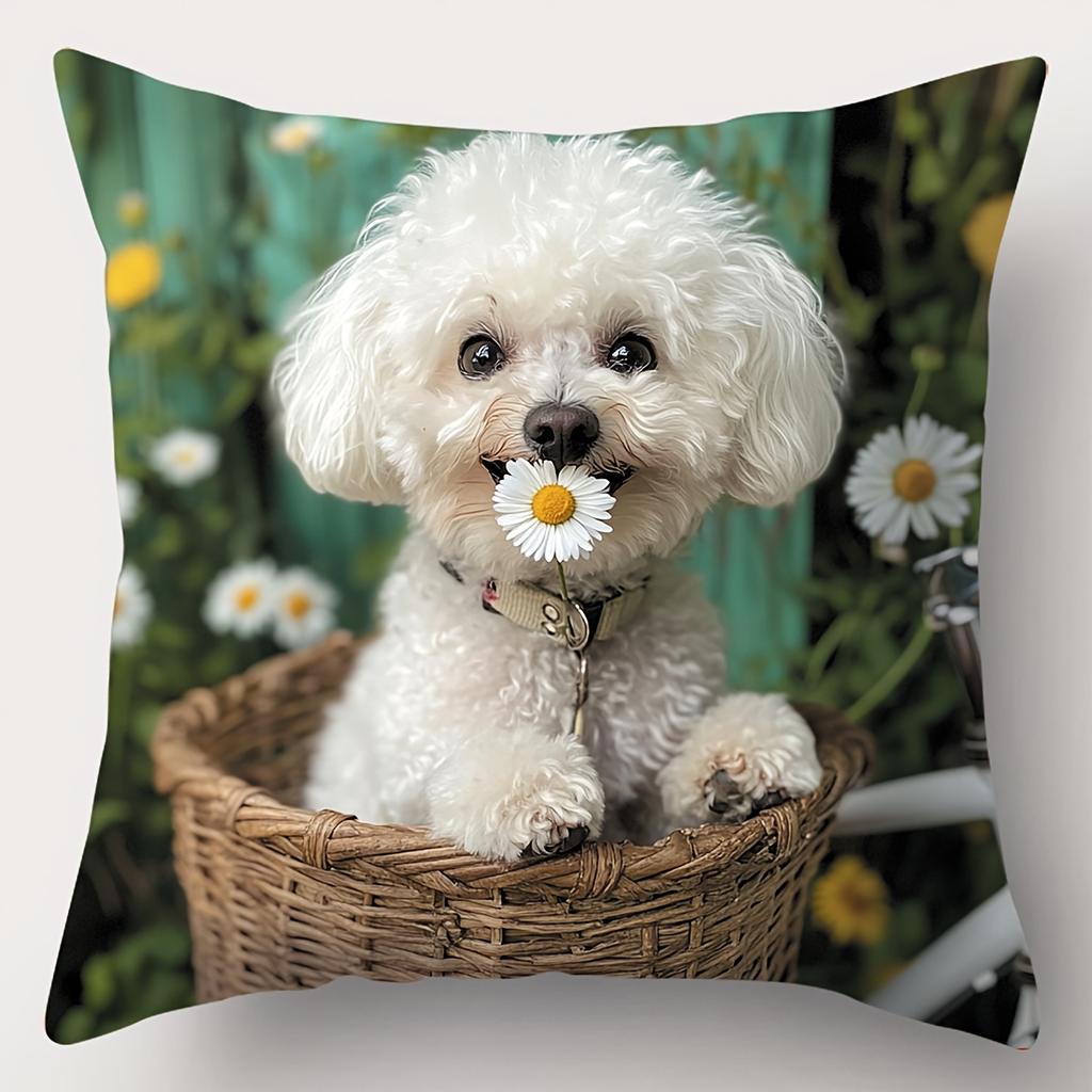 Cute White Dogs with Daisy Patterned Throw Pillows Polyester pillowcase, sofa decorative cushion cov Headboard Pillow