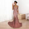 Women Evening Dress Deep V Neck Split Hem Sequin Skinny Fishtail Hem Back Zipper Closure Sleeveless Prom Cocktail Party Dress Floor Length Ball Gown