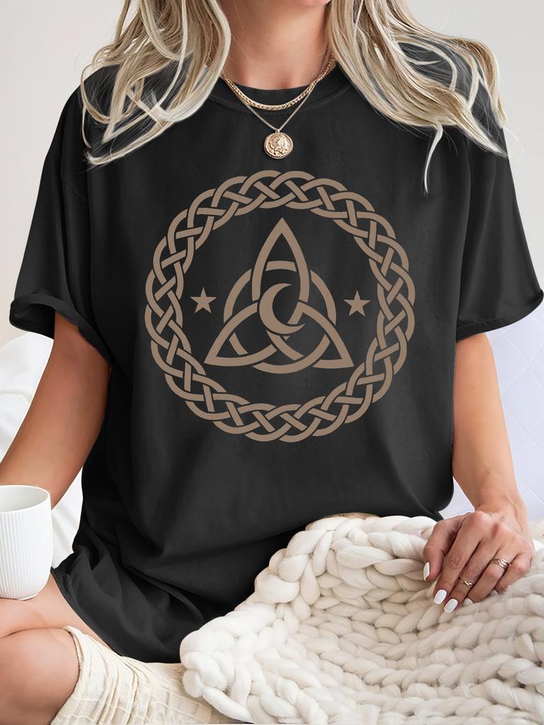 Celtic Moon Phase Symbol Printed Womens Summer Top Mysterious Round Neck Tshirt Casual Daily Womens Fashion Comfortable Top