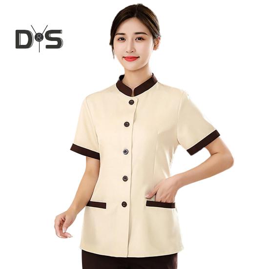 Униформа для ведения домашнего хозяйства в отеле, женская облегающая верхняя одежда с воротником-стойкой и короткими рукавами, однобортные карманы, рабочая униформа, топы