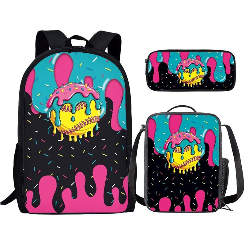 School Backpack Set 3 in 1 Large Capacity Cartoon Print Bookbag with Lunch Bag and Pencil Case for Boys Girls Students