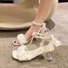 Fashion New Comfort Shoes for Women Block Heels Pearl Sandals Suit Female Beige All-Match Chunky Girls Medium Clear Black Gladiator