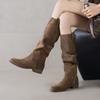 Мода 2025 Осень Женские Сапоги Кожа Замша Коровья Женская Обувь Круглый Носок Слипоны Сапоги до Колена Вестерн Современные Женские Сапоги