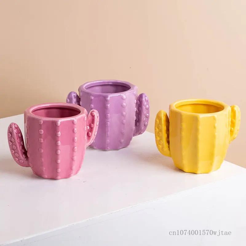 Nordic style ceramic flowerpot, cartoon cactus shaped, home decoration, living room, office, balcony, decorative ornaments, 1pc
