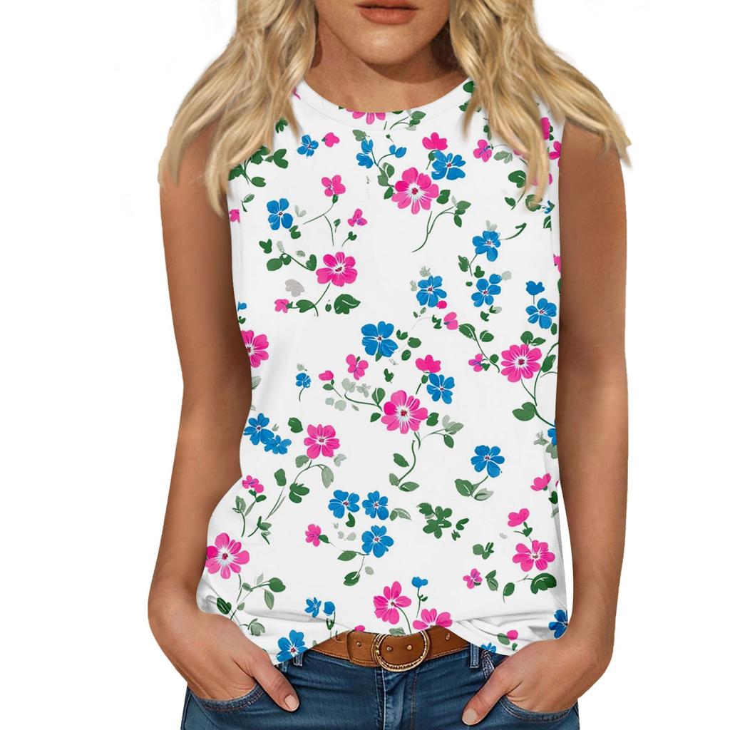 Women's Casual Round Neck Printed Sleeveless Vest Tops Vest