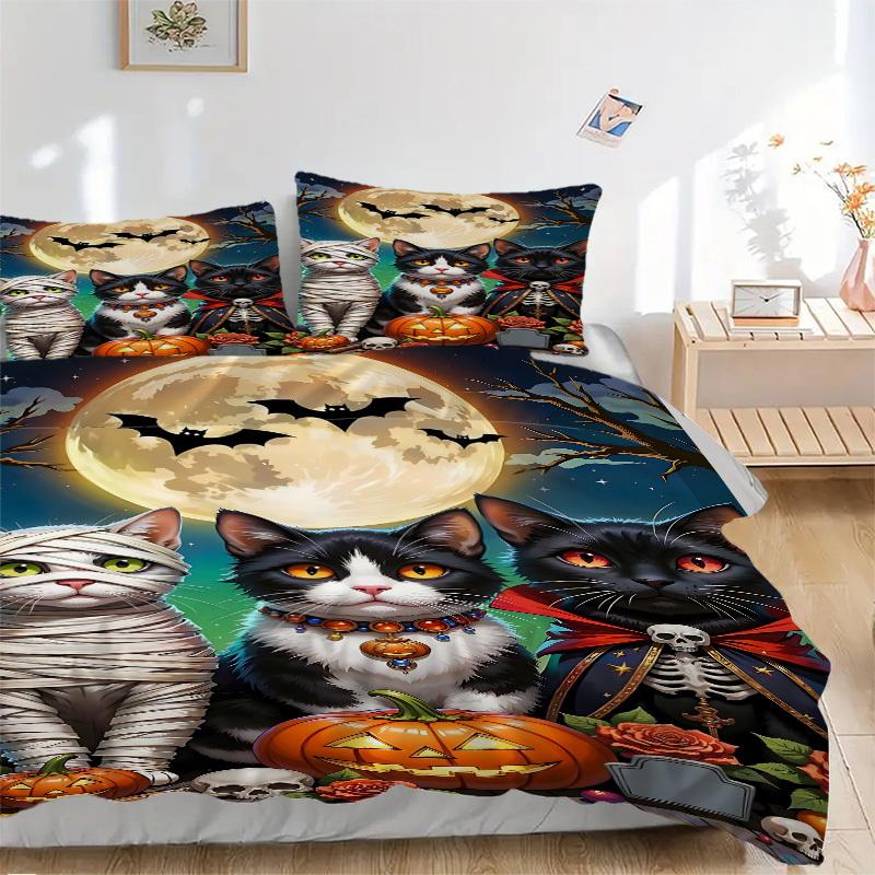 3pcs Halloween Cats Duvet Cover Set, Cover For Bedroom Guest Room (1 Duvet Cover + 2 Pillowcase, Without Quilt), yy250922130