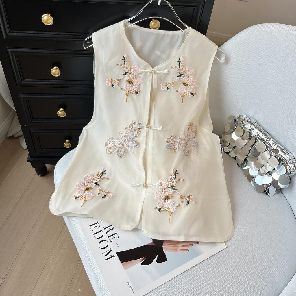 Butterfly Embroidered Pink Vest Vest Female Summer Chinese Embroidered Disc Buckle Vest Top Thin