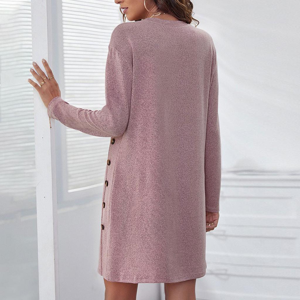 Women's Round Neck Casual Button Loose Long Sleeve Dresses