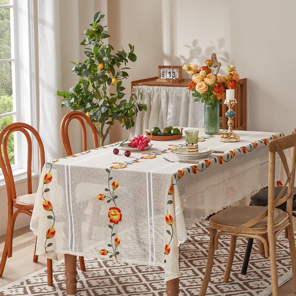 Flower Embroidery Table Cover Beige Table Runner Christmas Lace Tablecloth Table Decorations