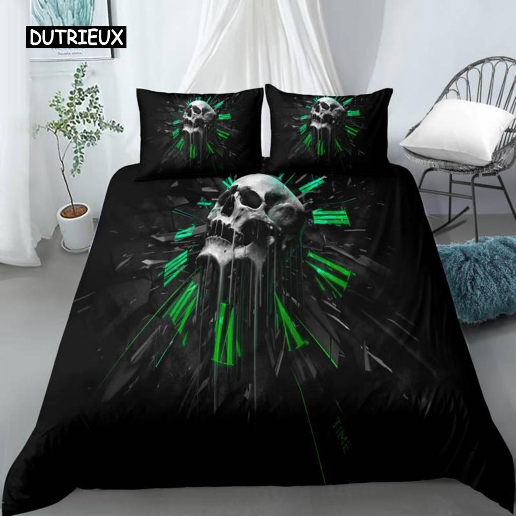 Skull Duvet Cover Set Queen Black Skeleton Paisley Floral Pattern Bedding Set for Teen Adult Polyester Halloween Comforter Cover