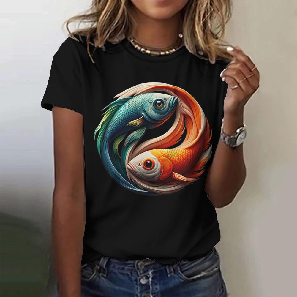 3d Printed Fish Pattern Women's T-Shirt Fashionable Street Loose Top Black Short Sleeved Versatile Loose Casual Top