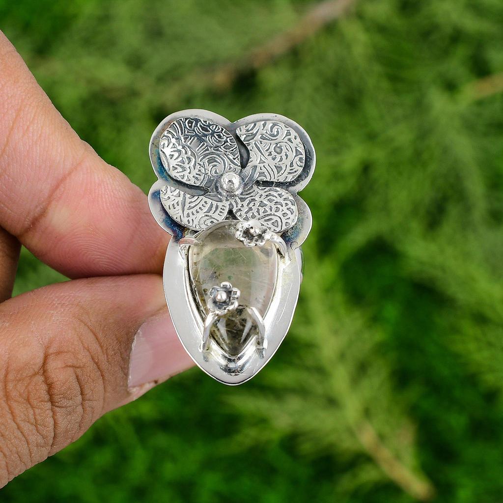 Pear Natural Garden Quartz Sterling Silver Anniversary Statement New Flower Ring