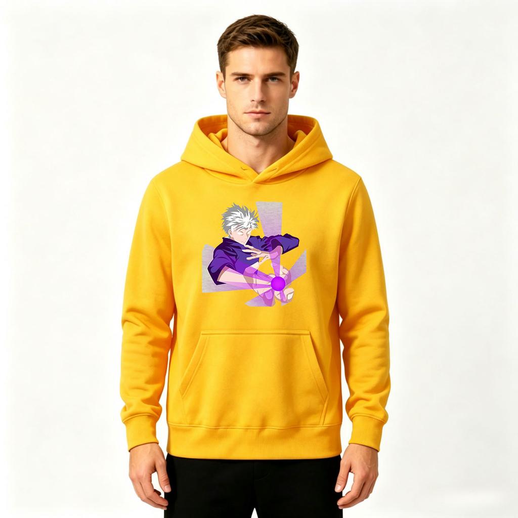 Men Anime Printed Pullover Hoodie, Casual Long Sleeve Streetwear Hooded Sweatshirt with Gojo Character Purple Energy Print