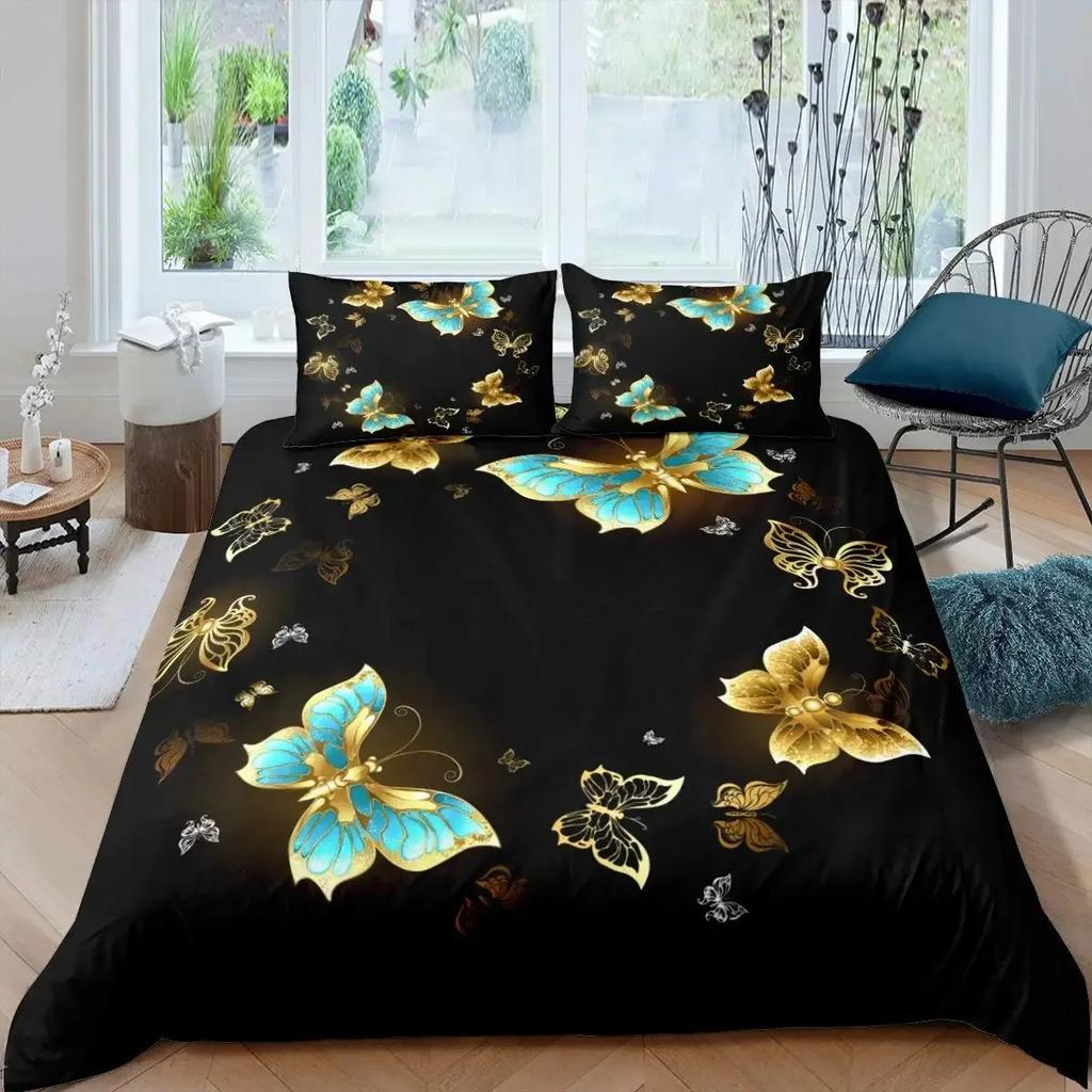 Gold Butterfly Duvet Cover Set for Girls Gold and White Butterflies Bedding Sets Flying Butterfly Black Luxury Comforter Cover