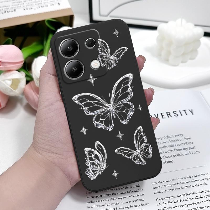 Silver Butterfly Phone Case For Xiaomi Redmi Note 14 13 12 12S 11 11S 10 10S 9 9S Pro Plus 4G 5G Liquid Silicone Cover
