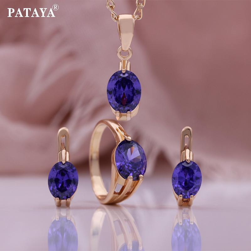 PATAYA Розовое золото Цвет Фиолетовый Искусственный Циркон Серьги Кольцо Кулон Ожерелье Тонкий Набор