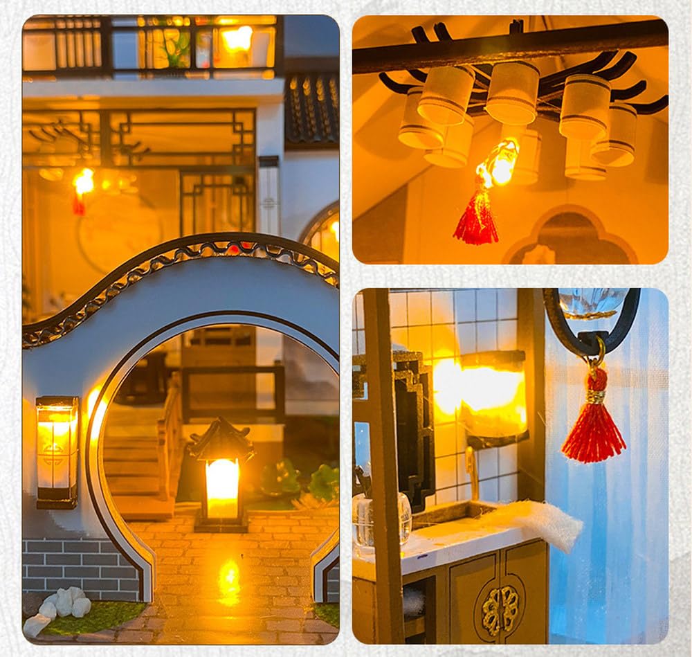 moin moin Dollhouse Miniature Handmade Kit Set Chinese Style Chinese Villa Bonsai Pond Garden LED Light Acrylic Case Music Box 2402dh414 1/24