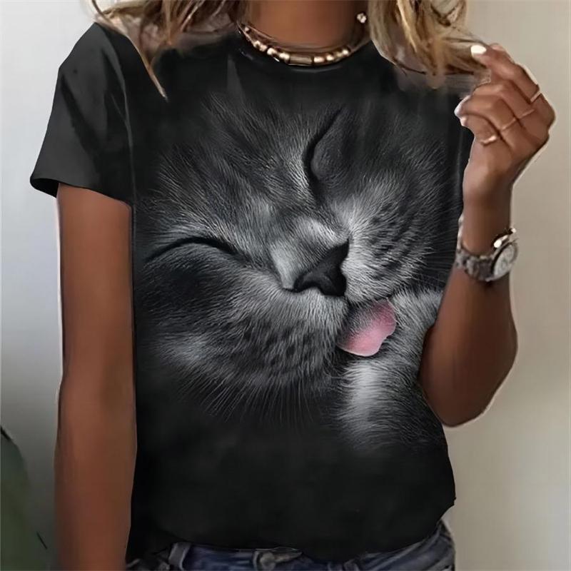 Летняя женская футболка Kawaii с 3D принтом кошки, женский модный топ с коротким рукавом