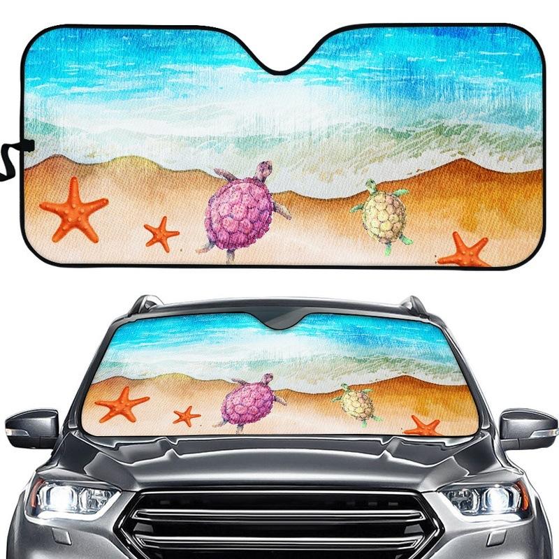 Cool Wind Sunset Coconut Tree Beach Icon Car Front Glass Shade, Universal Model Board