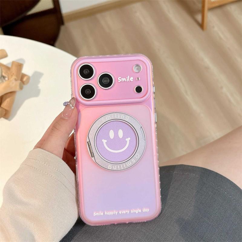 Colorful Smiley Face Magnetic Rotating Stand Case IPhone 17 16 Pro Max 15 Soft Silicone Cover Anti-Drop Protection