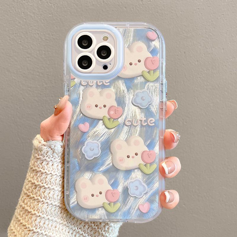 Rabbit Flowers Suitable for Apple 16 Mobile Phone Case 15pro Feather Yarn Iphone14promax Lens Full Package