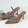 Мода 2025 Женские сандалии Сетка Стразы Полусабо Высокий каблук Женская обувь Лето Обхват щиколотки Тонкий ремешок Блеск Изысканные женские туфли