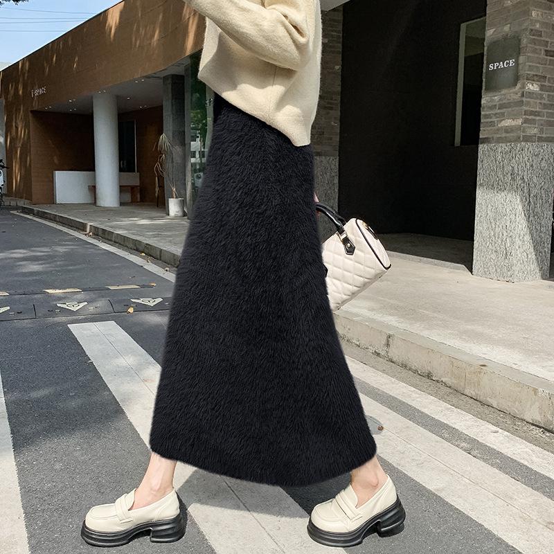 Imitation Mink Knitted Skirt Women's Winter Long Skirt Elastic Waist Korean Version Slim A-line Skirt Soft Warm Thickened Knitted Skirt