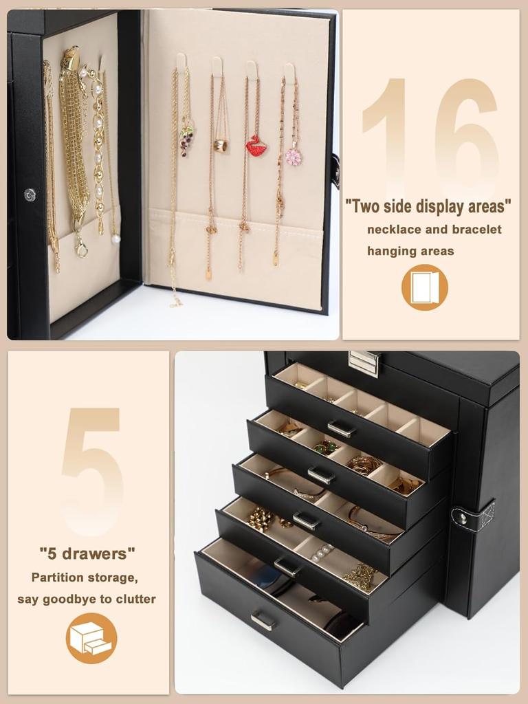 Шкатулка для украшений для женщин, 6-уровневый органайзер с зеркалом, запираемое хранилище, 5 выдвижных ящиков, держатель для ожерелий и серег (Серебристый / Черный)