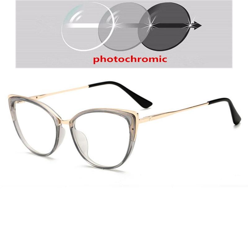 Anti-Blue Light Cat Eye Prescription Spectacle Women Myopia Lens Photochromic Glasses Diopter 0 -0.5 -0.75 -1.0 -2.0 To -6.0