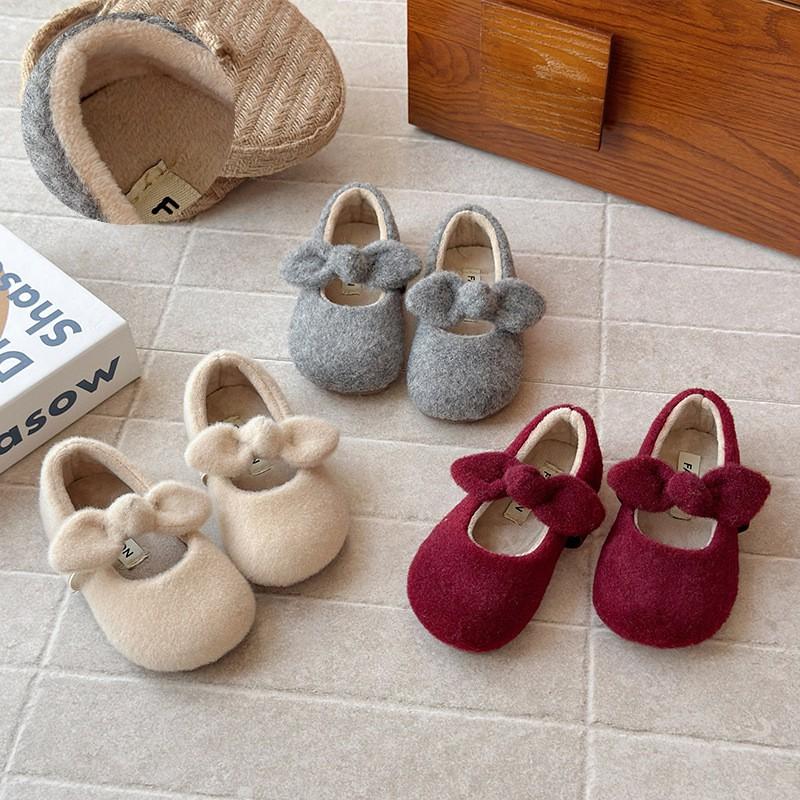Girls Winter Felt Slip-On Ballet Flats With Bow Detail Warm Lined TPR Sole Ages 4-12
