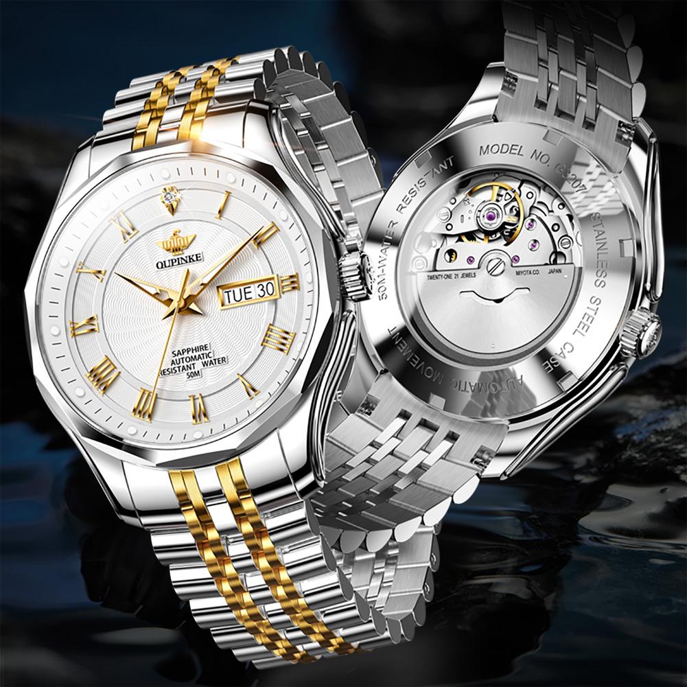 OUPINKE 3207 Automatic Watches for Men Original Import Japan Movement Real Diamond Dual Calendar Business Mechanical Wristwatch