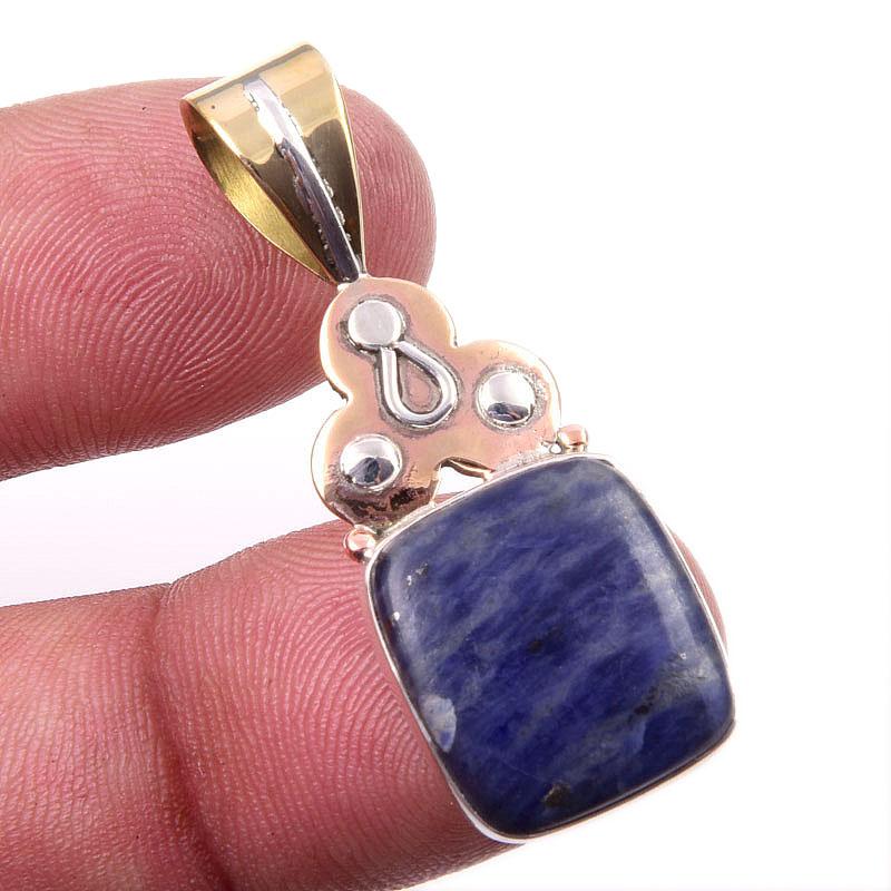 Natural Sodalite Gemstone 925 Solid Sterling Silver Two Tone Pendant 1.50" b4B53