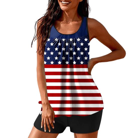 Yousheng 2 шт./комплект женский танкини комплект американский День независимости принт жилет однотонные шорты для плавания комплект купальники