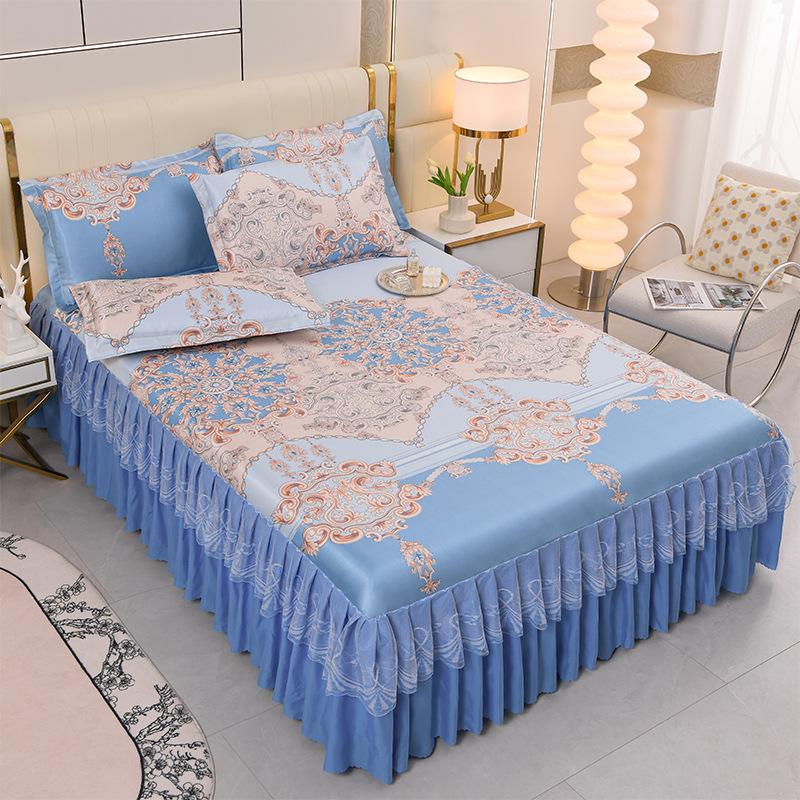 3 шт./лот, комплект двуспальных простыней, классическая кружевная королевская синяя простыня, юбка, можно стирать в машине, свадебное покрывало, наматрасник