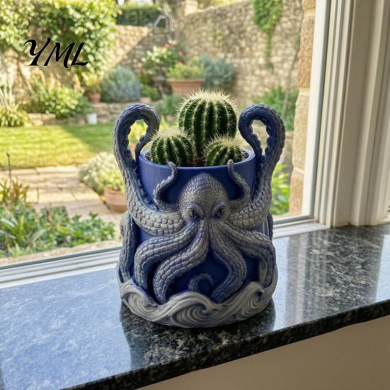 Coastal Shelf Decorations 3D Printed Octopus Planter with Tray, Unique Marine-Inspired Succulents Pot, Plant for Pot Drainage Holes, Nautical