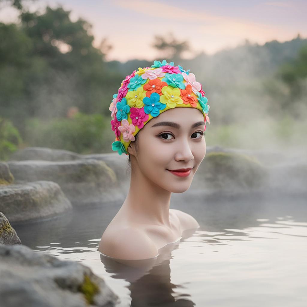 Women Diamond-Pattern Swim Cap Hand-made 3D Sewing for Hot Spring Swimming