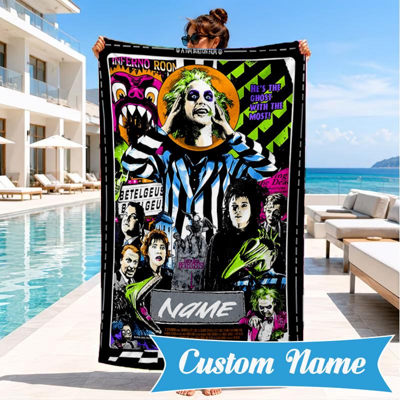 Custom Name Beetle-juice Movie Art Beach Towel Microfiber Beach Towel, Lightweight and Quick-Dry, for Summer Travel, Swimming Pool Gift