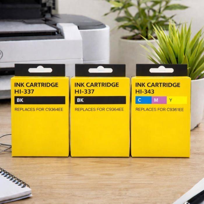 Pack 3 cartouches compatibles HP 337/343 - 2x Noir + 1x Couleur, pour DeskJet/OfficeJet/PhotoSmart/PSC