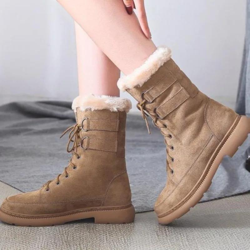 Элегантные женские зимние ботинки на среднем каблуке с круглым носком, на шнуровке, весна-осень, меховые ботинки из овечьей шкуры, демисезонные, размер 39, женская обувь