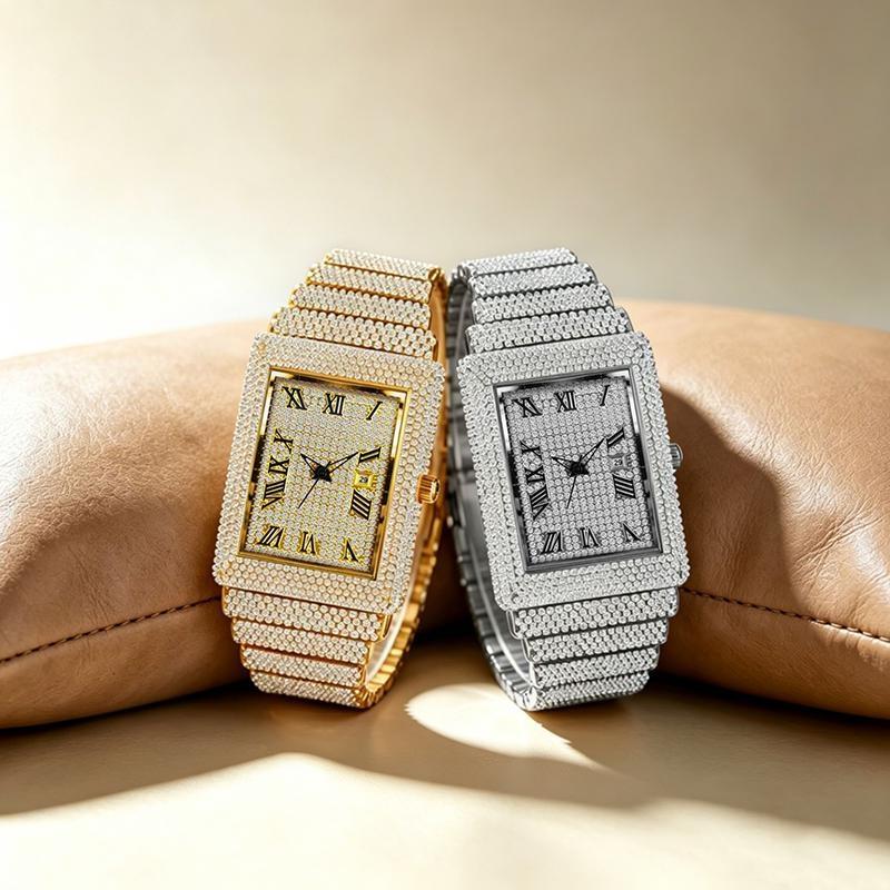 Женские квадратные часы с бриллиантами Bling Iced Out Кварцевые наручные часы с римскими цифрами Водонепроницаемые Модные часы для мужчин