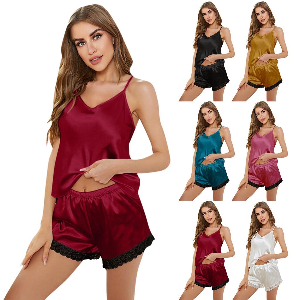 Pajamas For Women Set Satin 2 Piece Silk Camisole Top And Shorts Casual Fashion Ruffle Soft Sleepwear