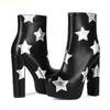 Модные женские ботинки из искусственной кожи, со звездной прострочкой, на платформе и блочном каблуке, ботильоны, черные, с круглым носком, на молнии сбоку, классические ботильоны