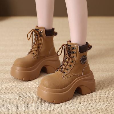 Модные женские новые осенне-зимние кожаные ботильоны 9 см Толстый каблук Мотоциклетные ботинки Женские Толстая подошва Высокая платформа Короткие ботильоны