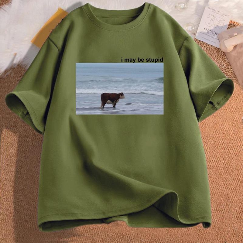 I May Be Stupid Cow on Beach Funny Meme T Shirt Cotton Short Sleeve Women Fashion ONeck Tshirt Casual Cozy Cotton T Shirts